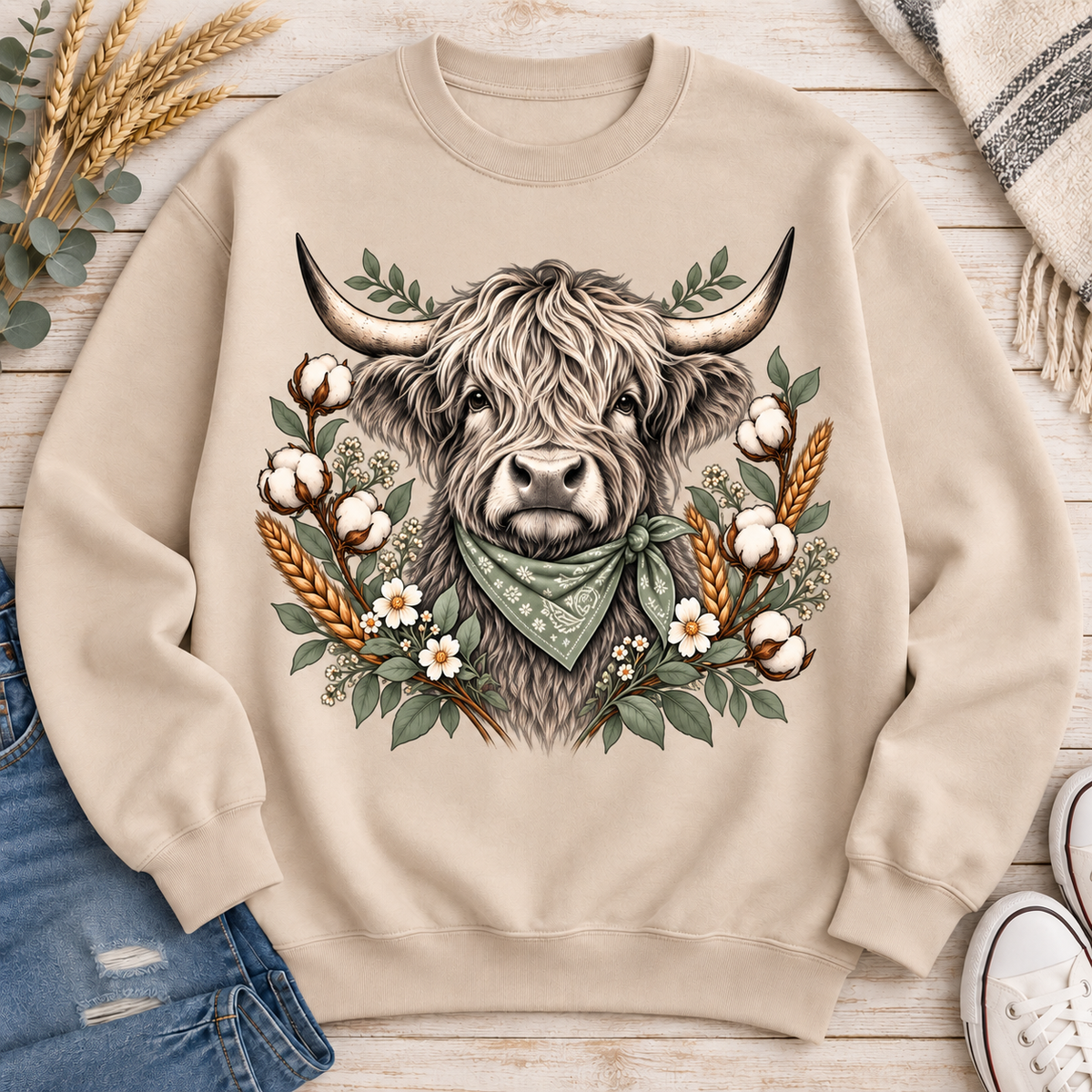 Sand Highland cow botanical crewneck sweatshirt flat lay