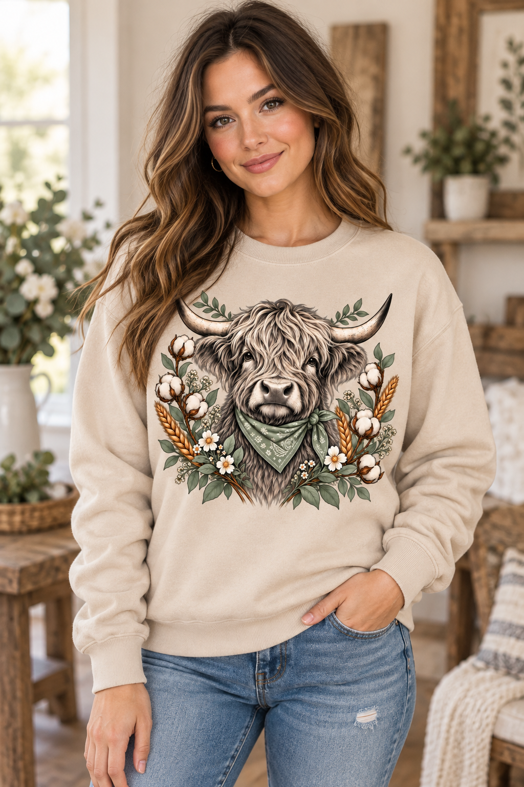 Woman wearing sand Highland cow botanical crewneck sweatshirt