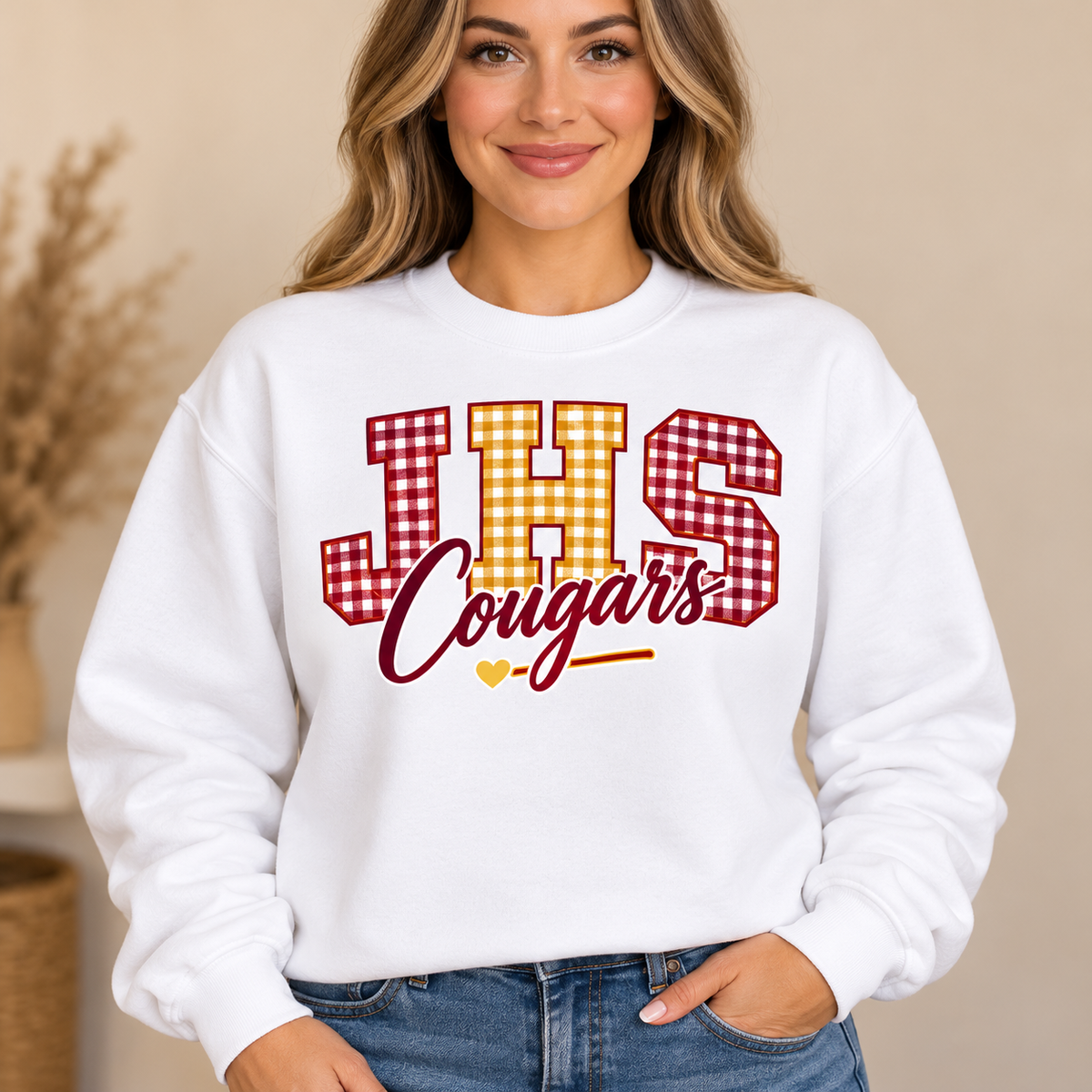 Jefferson Cougars Gingham JHS White Crewneck
