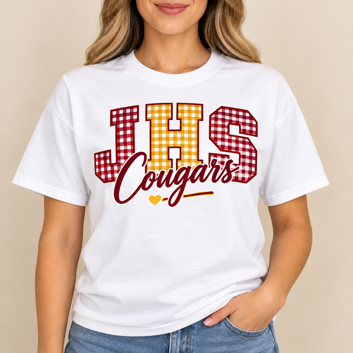 Jefferson Cougars Gingham JHS White T-Shirt
