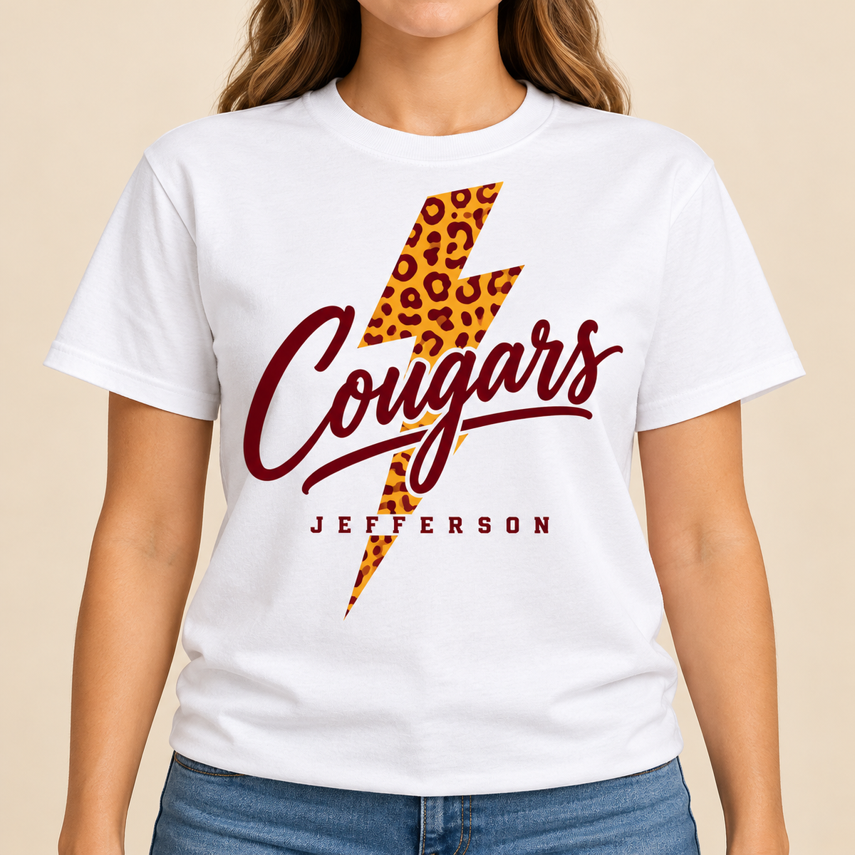 Jefferson Cougars Leopard Lightning White T-Shirt