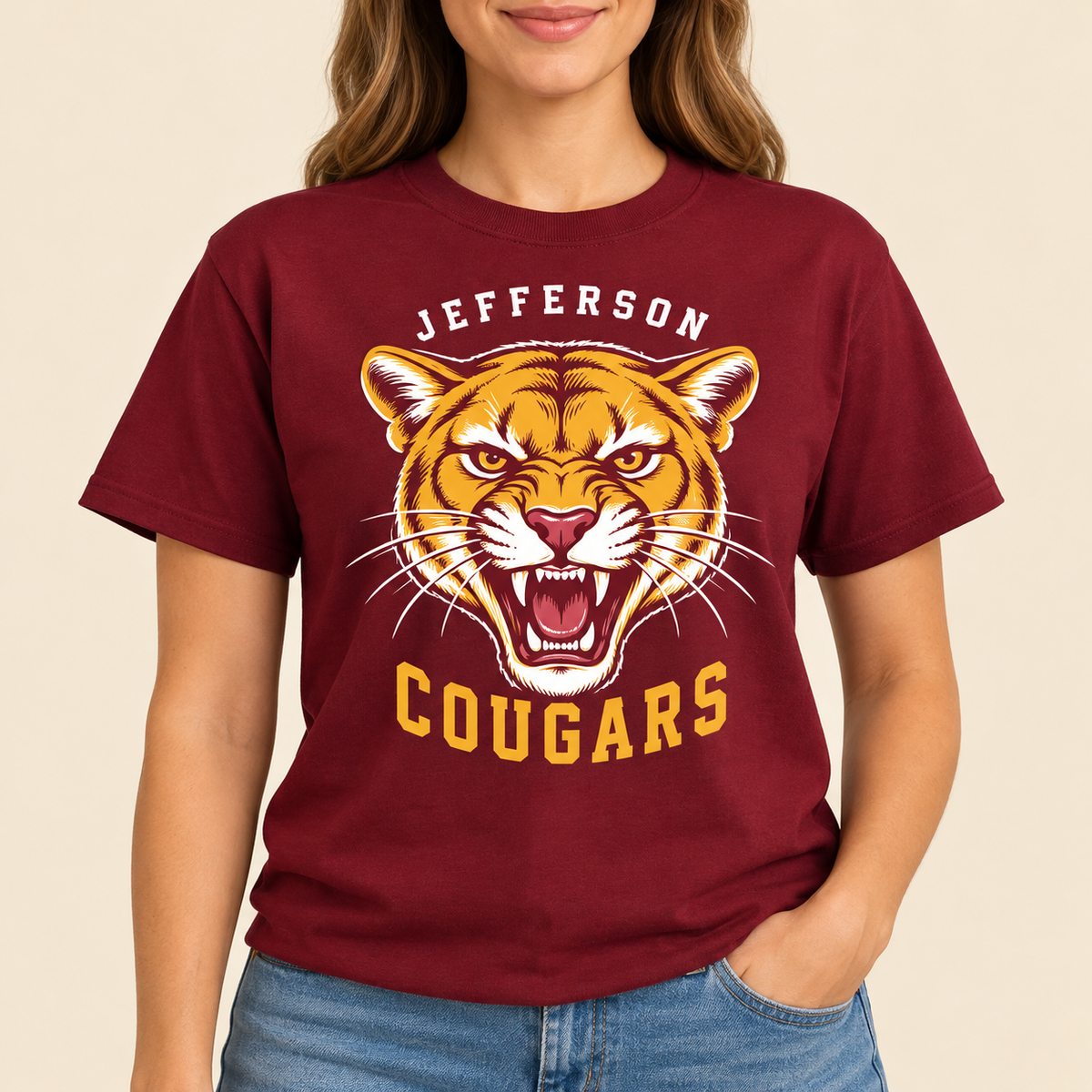 Jefferson Cougars Fierce Cougar Maroon T-Shirt
