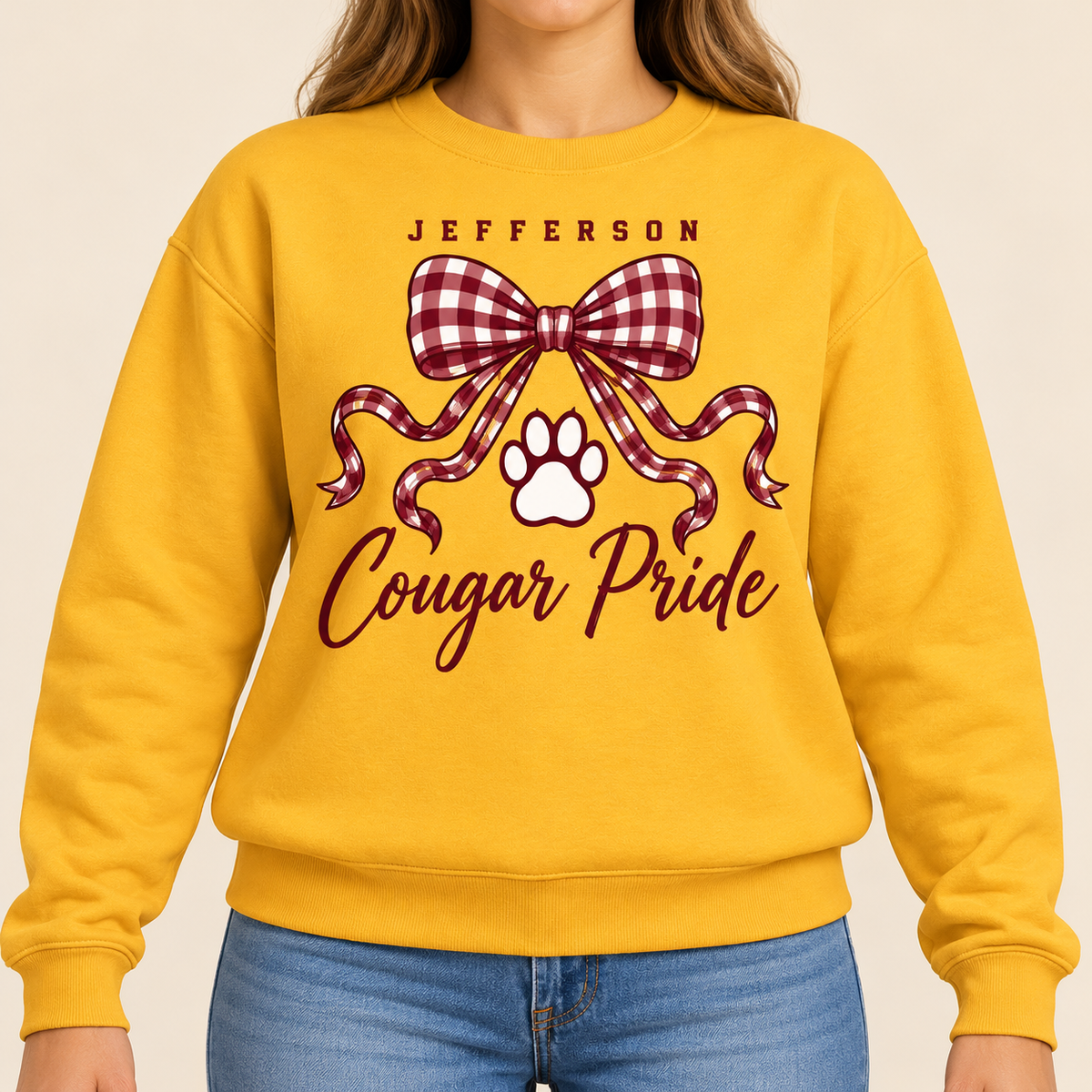 Jefferson Cougars Gingham Cougar Pride Gold Crewneck