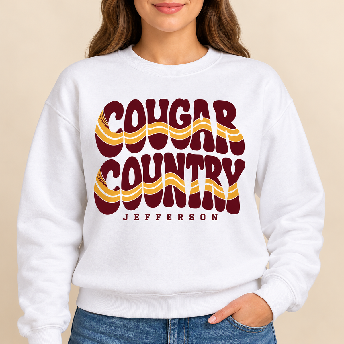 Jefferson Cougars Retro Cougar Country White Crewneck