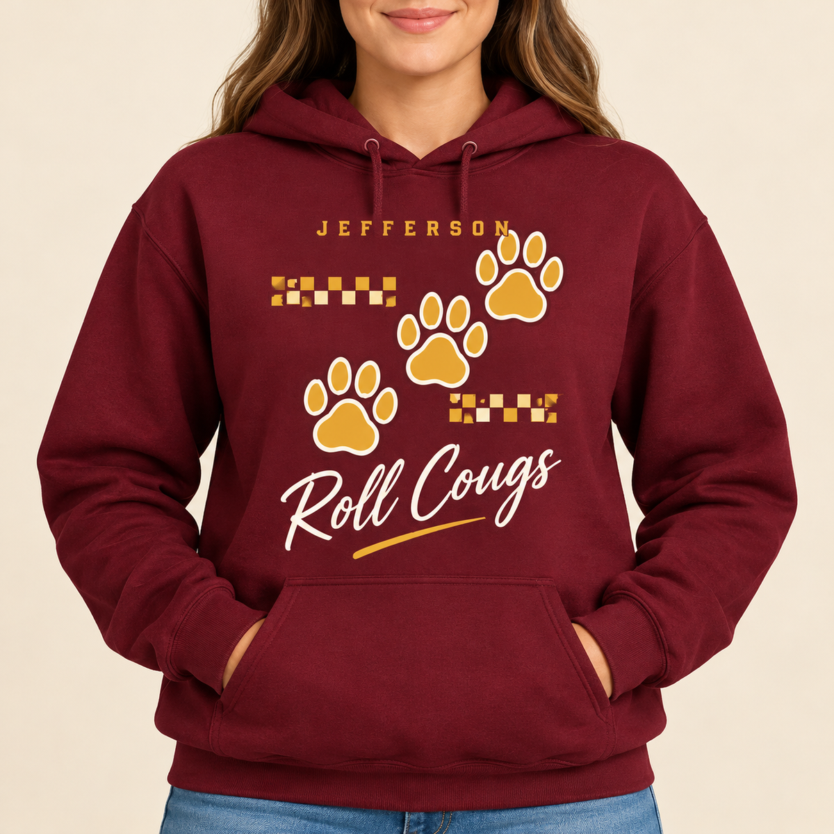 Jefferson Cougars Roll Cougs Paw Trail Maroon Hoodie