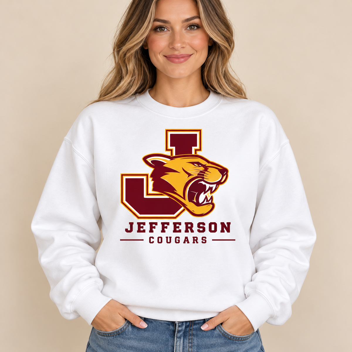 Jefferson Cougars Cougar J White Crewneck