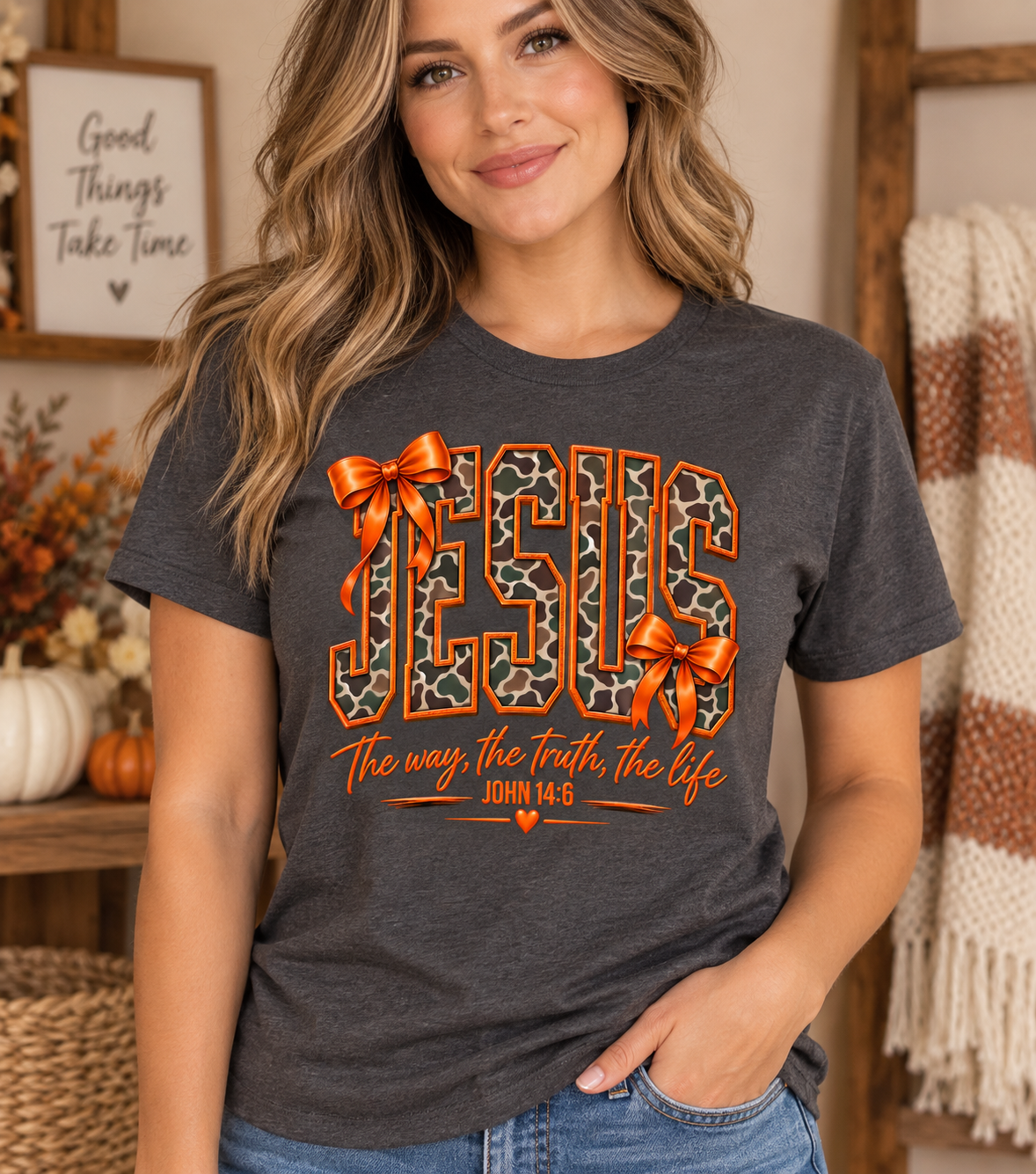 Woman wearing Jesus The Way The Truth The Life charcoal tee