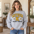 Keyser Golden Tornado Vintage Varsity Crewneck in Sport Gray on woman model