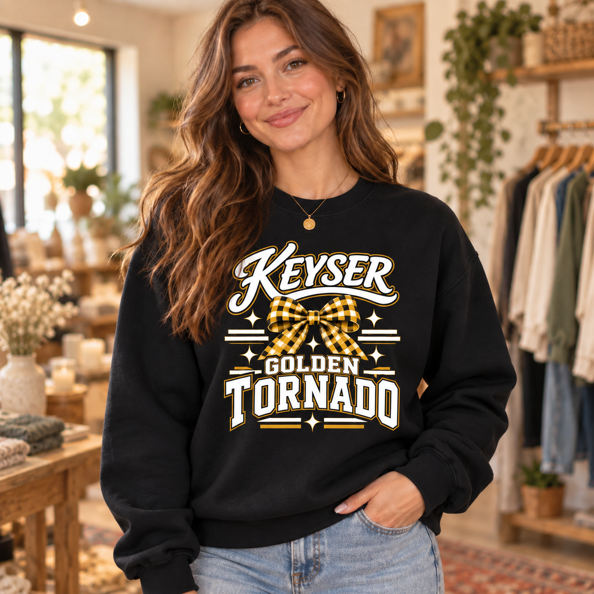 Model wearing black Keyser Golden Tornado bow crewneck