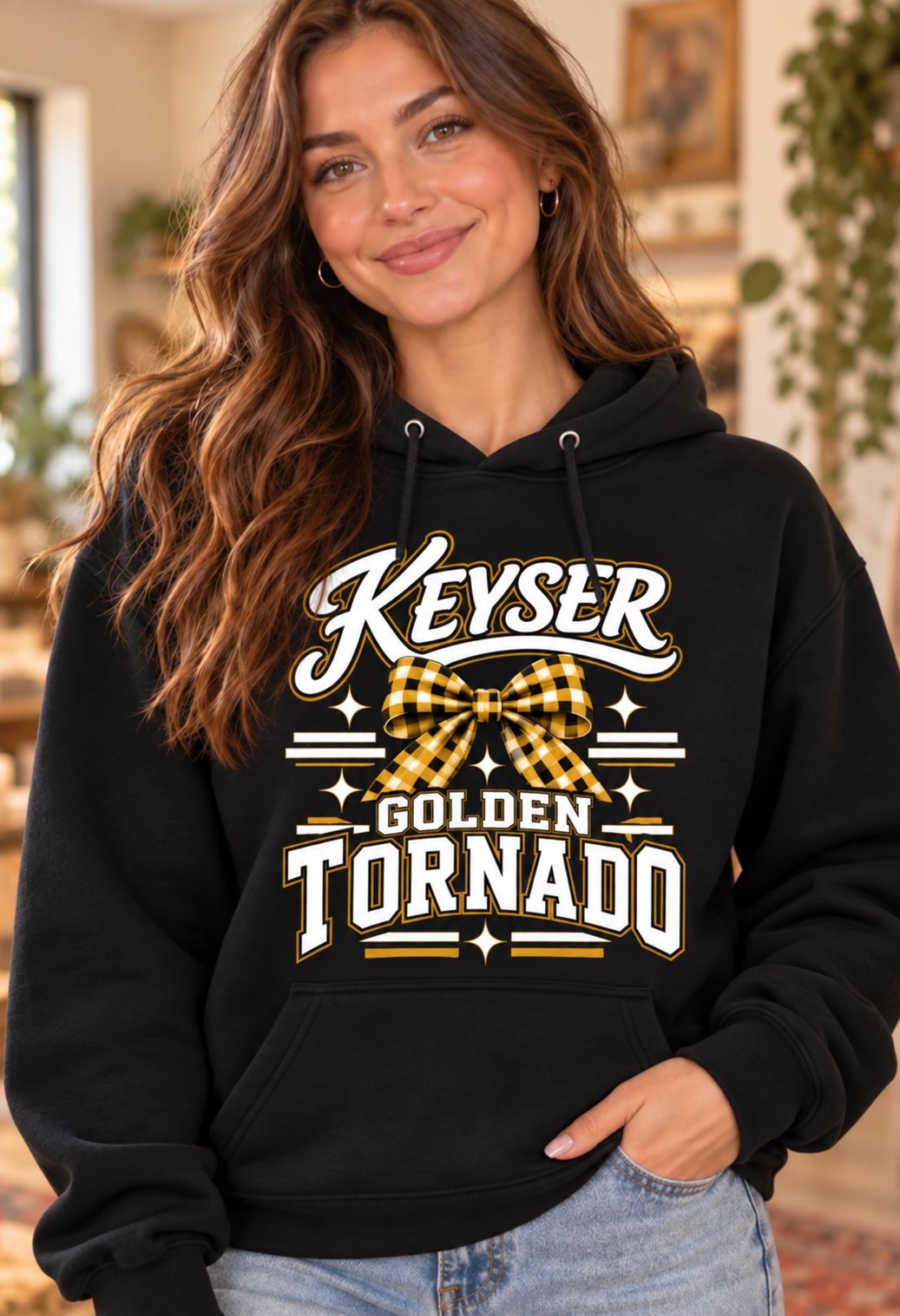 Model wearing Keyser Golden Tornado gingham bow black hoodie