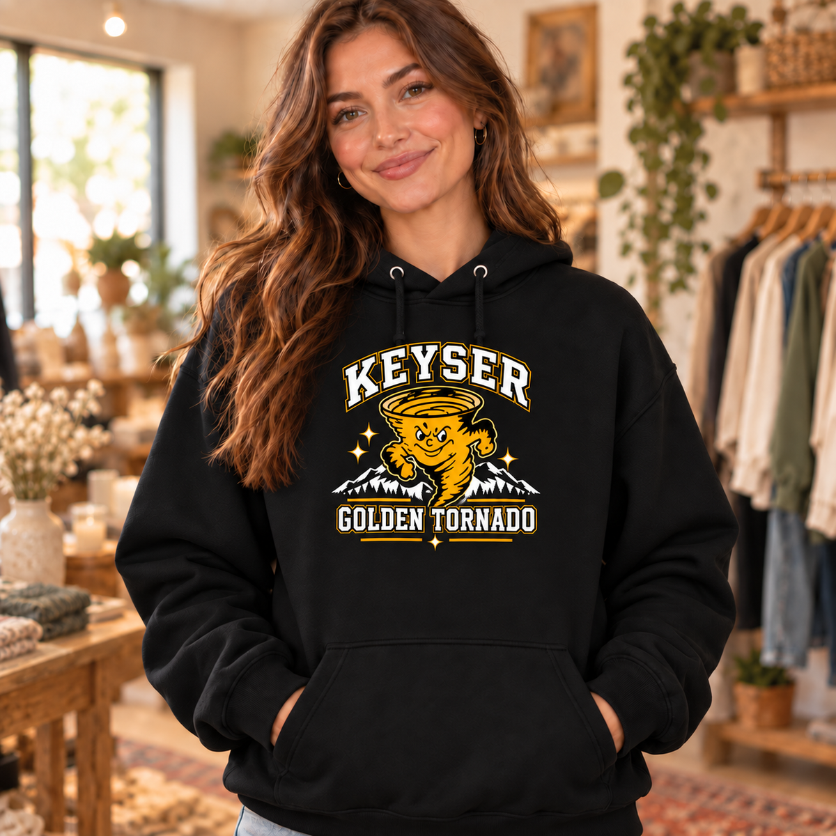 Keyser Golden Tornado mascot black hoodie boutique model mockup