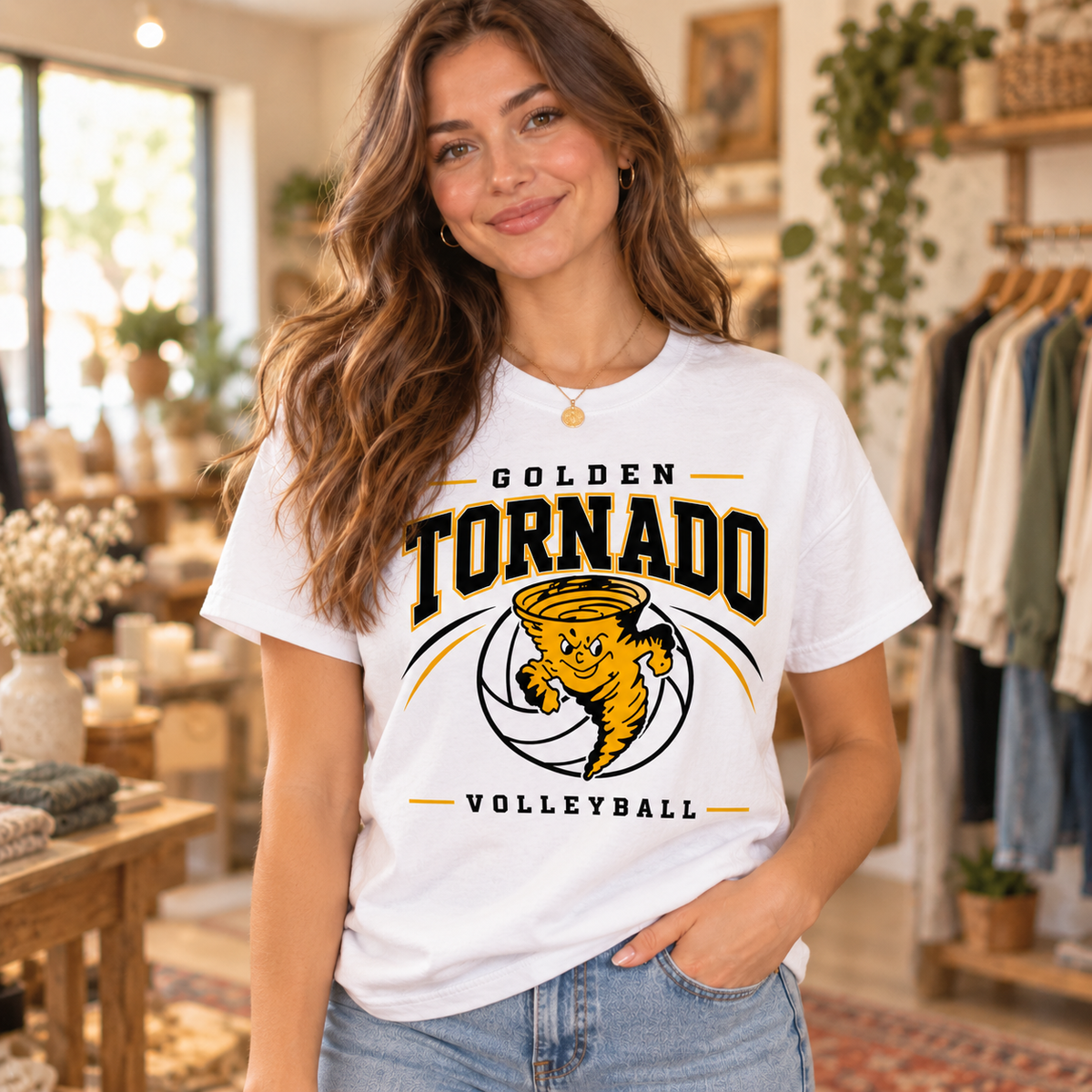 Model wearing white Keyser Golden Tornado volleyball T shirt