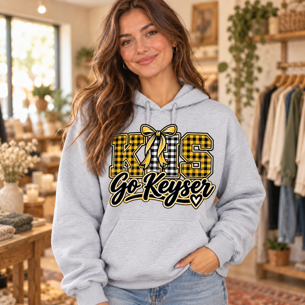 Model wearing light gray KHS Go Keyser hoodie