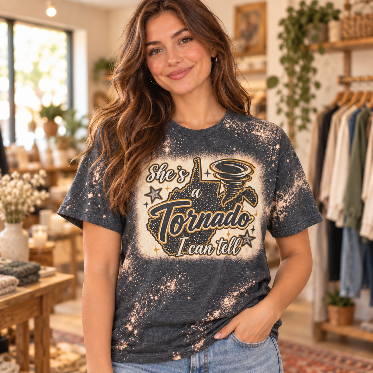 Boutique model wearing She's a Tornado I Can Tell bleached T shirt