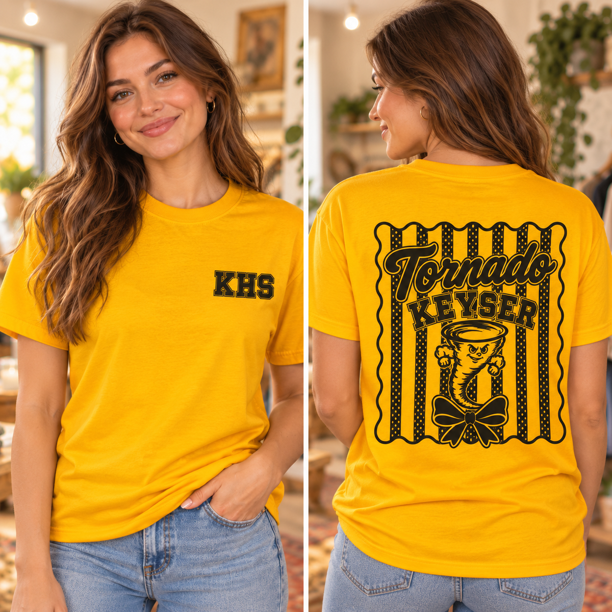 Front and back model views of gold Keyser Tornado T shirt
