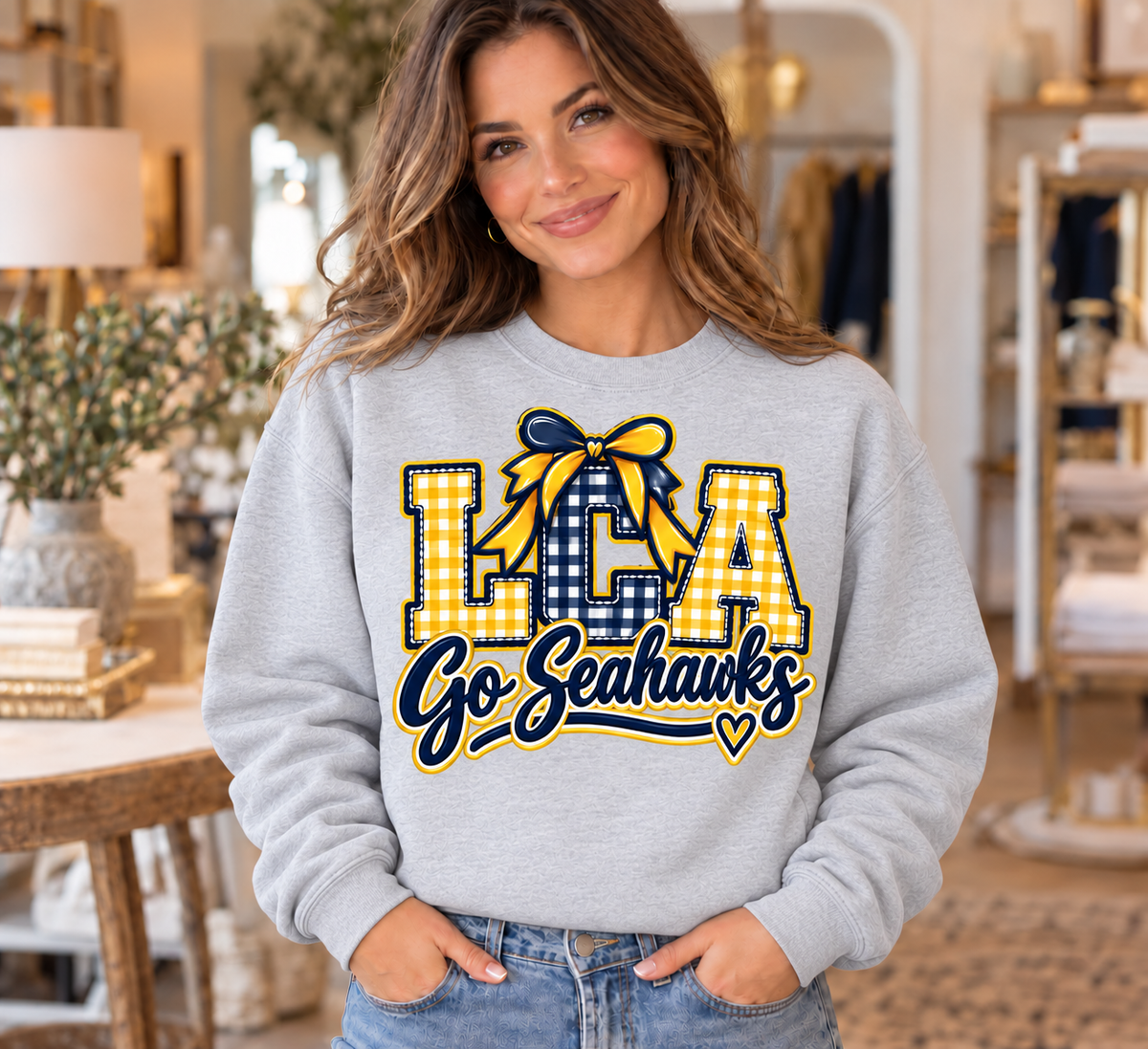 Lighthouse LCA Go Seahawks Navy and Gold Gingham Ash Crewneck