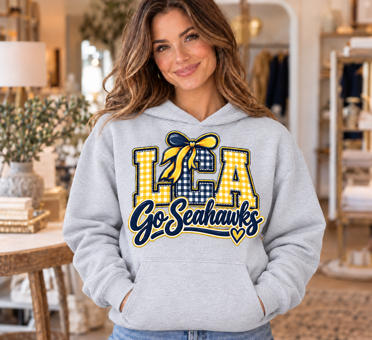 Lighthouse LCA Go Seahawks Navy and Gold Gingham Ash Hoodie