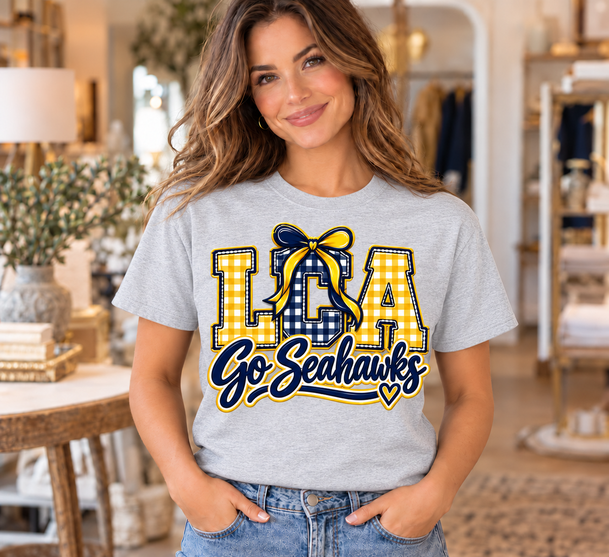 Lighthouse LCA Go Seahawks Navy and Gold Gingham Ash T-Shirt