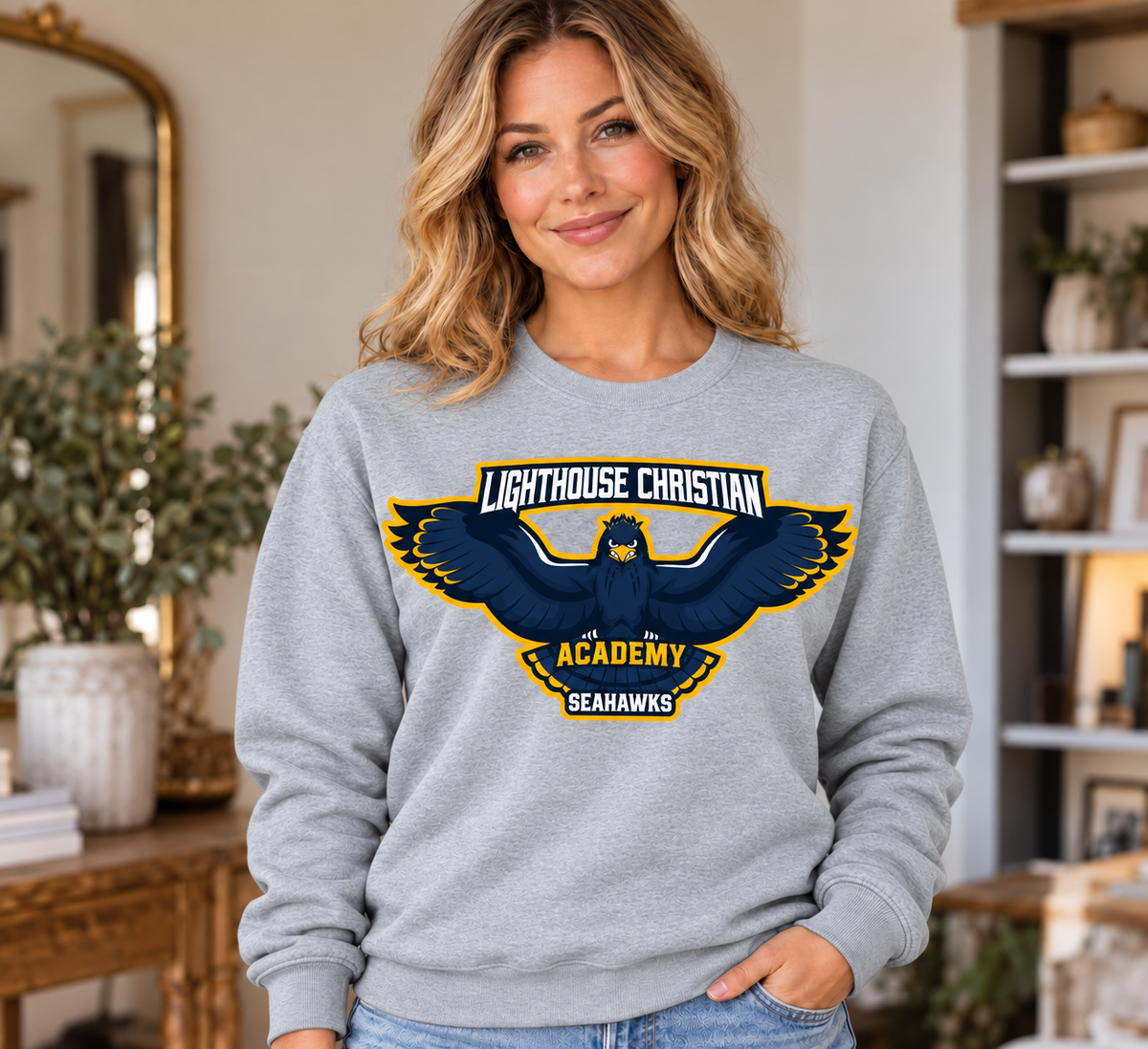 Lighthouse Seahawk Logo Navy and Gold Ash Crewneck