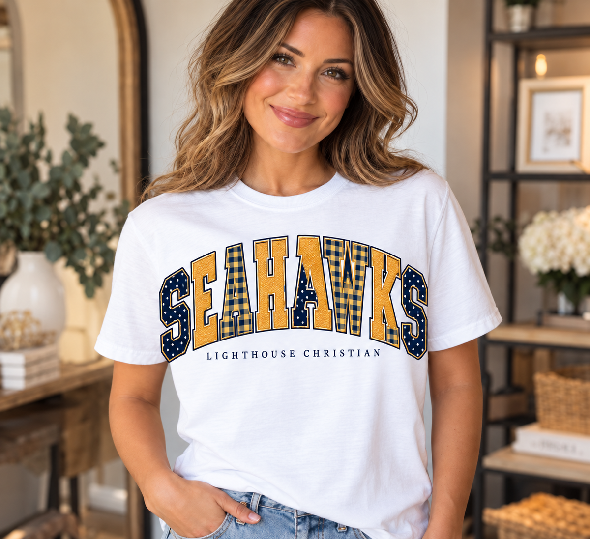 Lighthouse Seahawks Patchwork White T-Shirt
