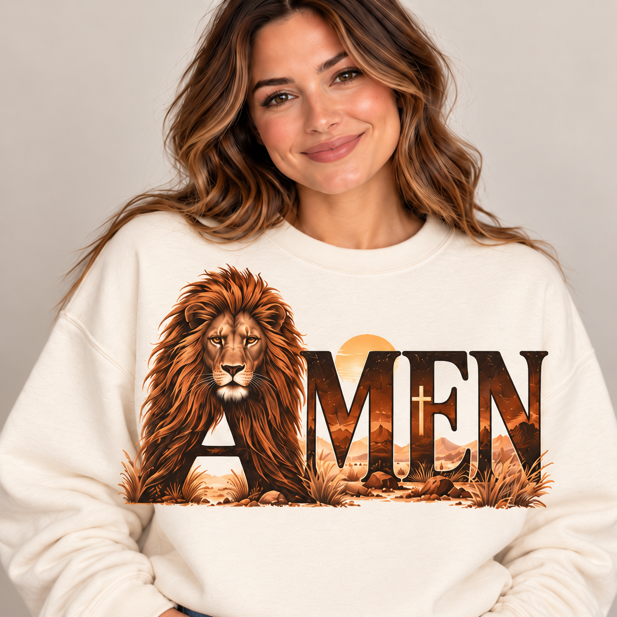 AMEN lion design with embedded cross on cream crewneck