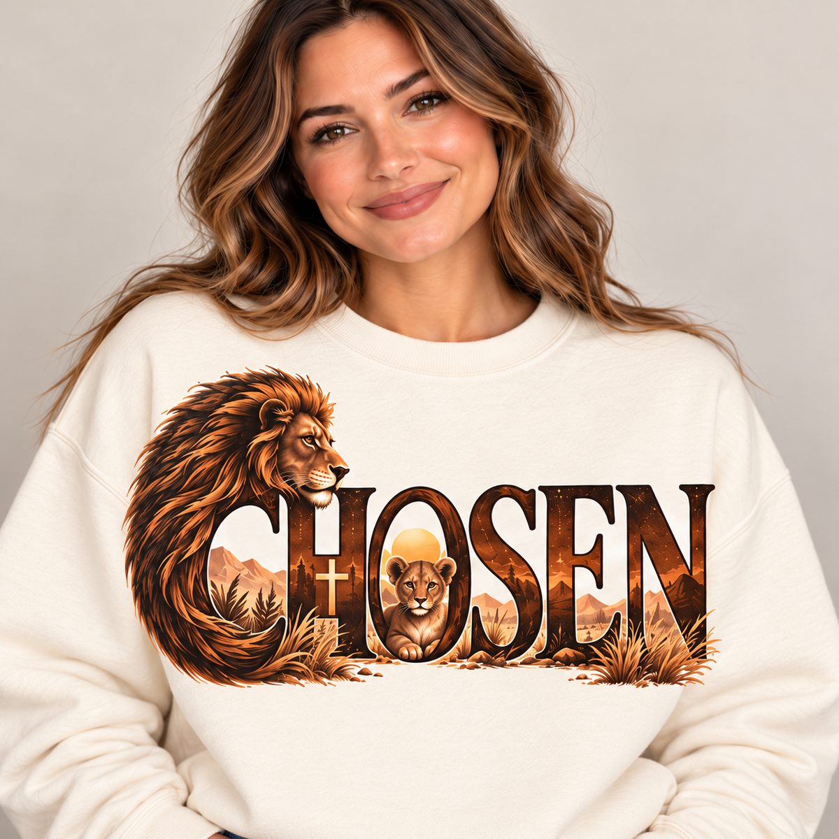 CHOSEN lion design with embedded cross on cream crewneck