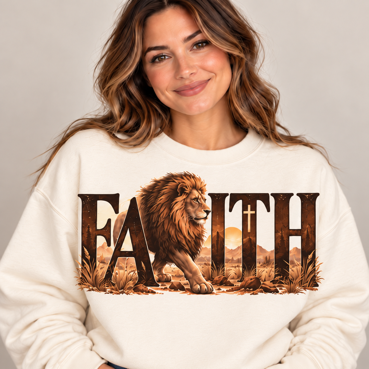 FAITH lion design with embedded cross on cream crewneck