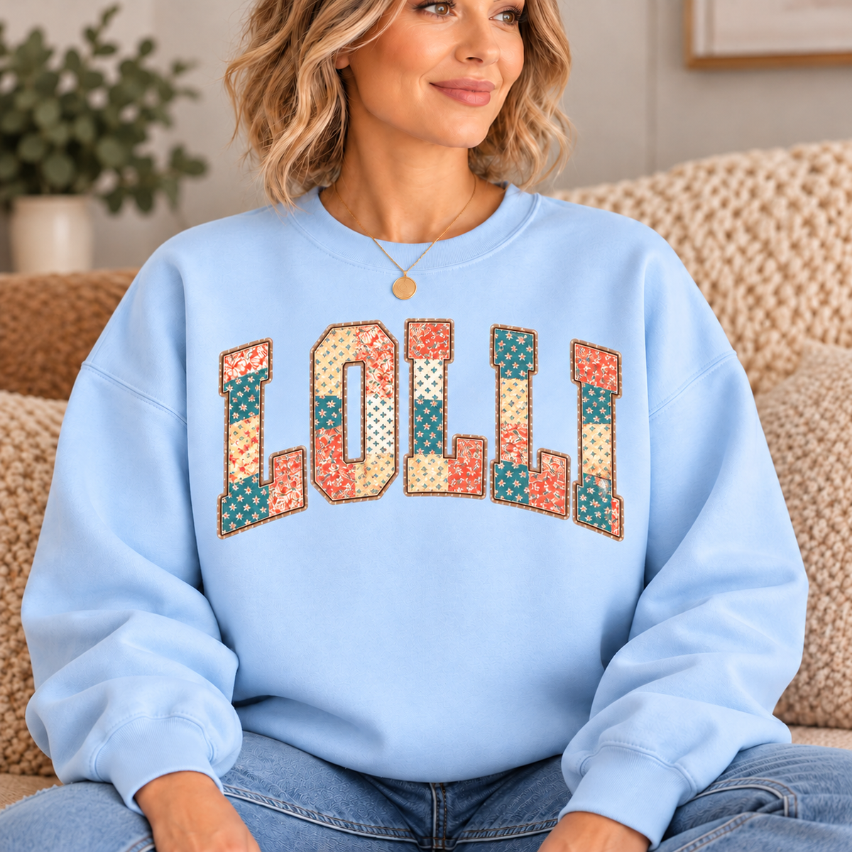 LOLLI Light Blue Floral Patchwork Crewneck