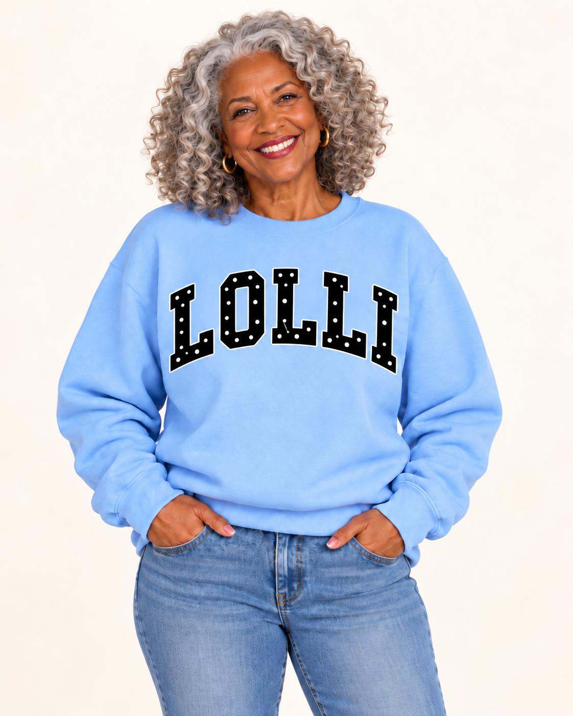 LOLLI Light Blue Polka Dot Crewneck on older Black woman
