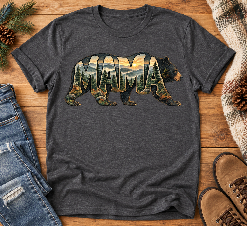 Dark Heather MAMA bear forest graphic tee flat lay