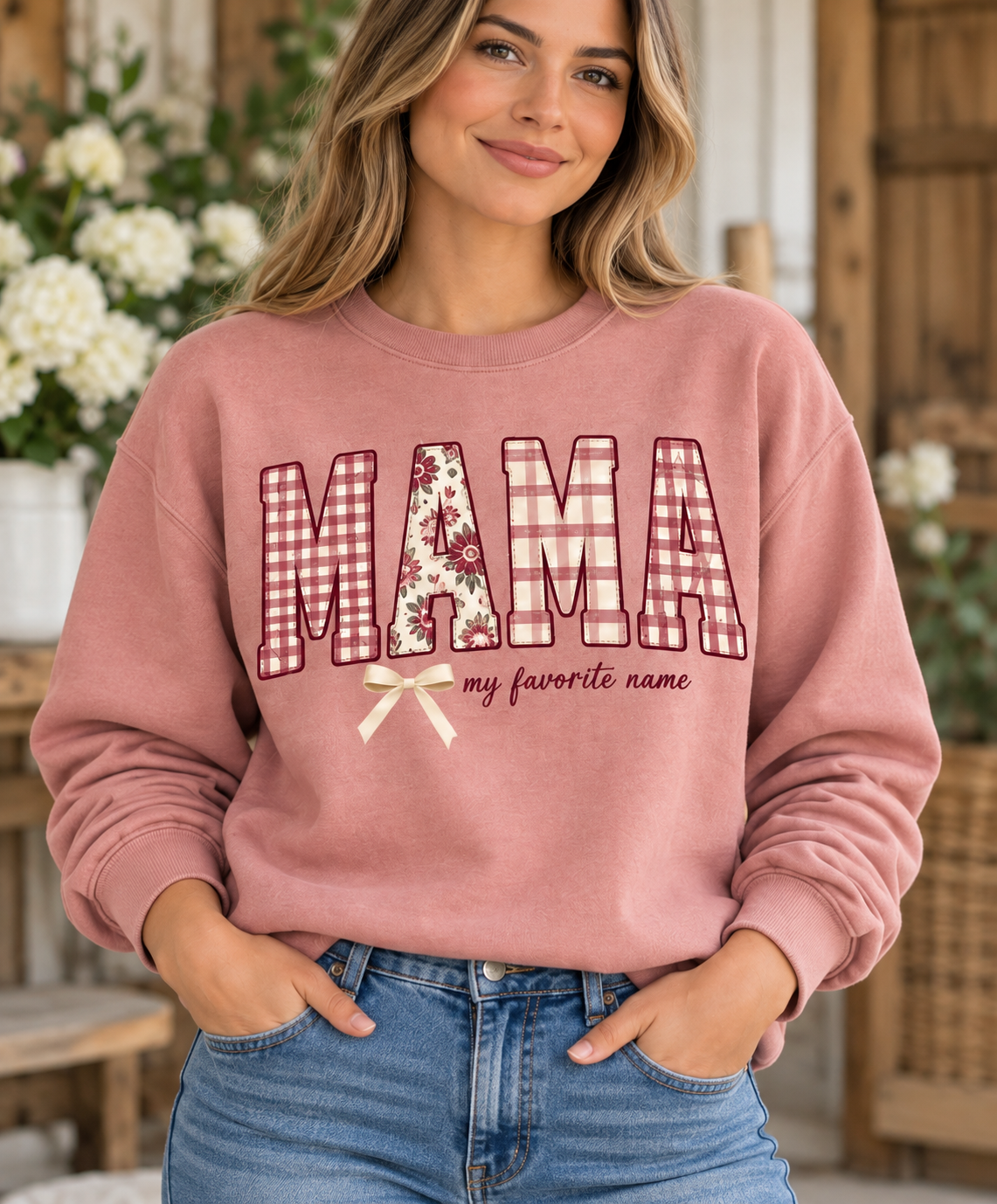 MAMA Gingham Floral My Favorite Name Dusty Rose Crewneck