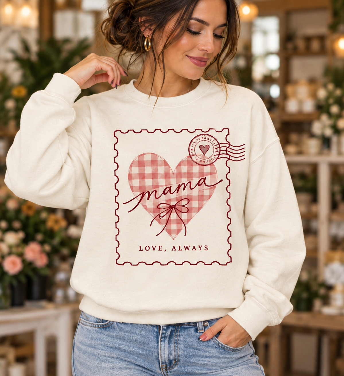 Mama Love Letter Gingham Heart Ivory Crewneck