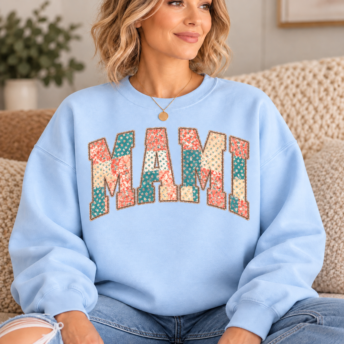 MAMI Light Blue Floral Patchwork Crewneck