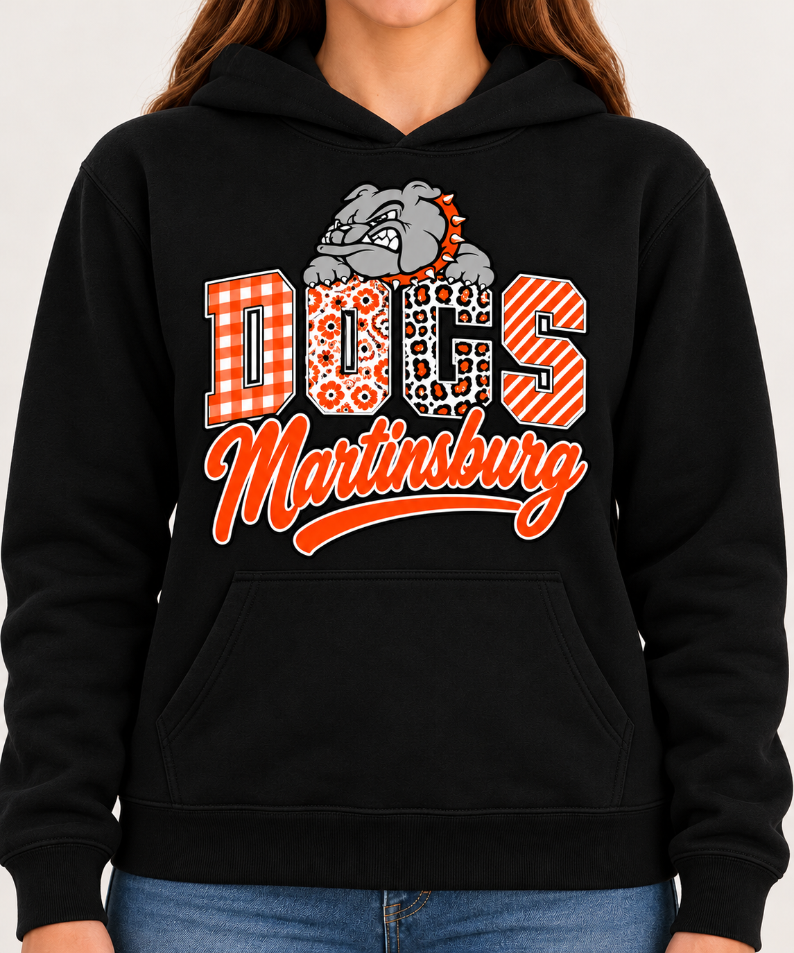 DOGS Martinsburg orange patterned design on black hoodie