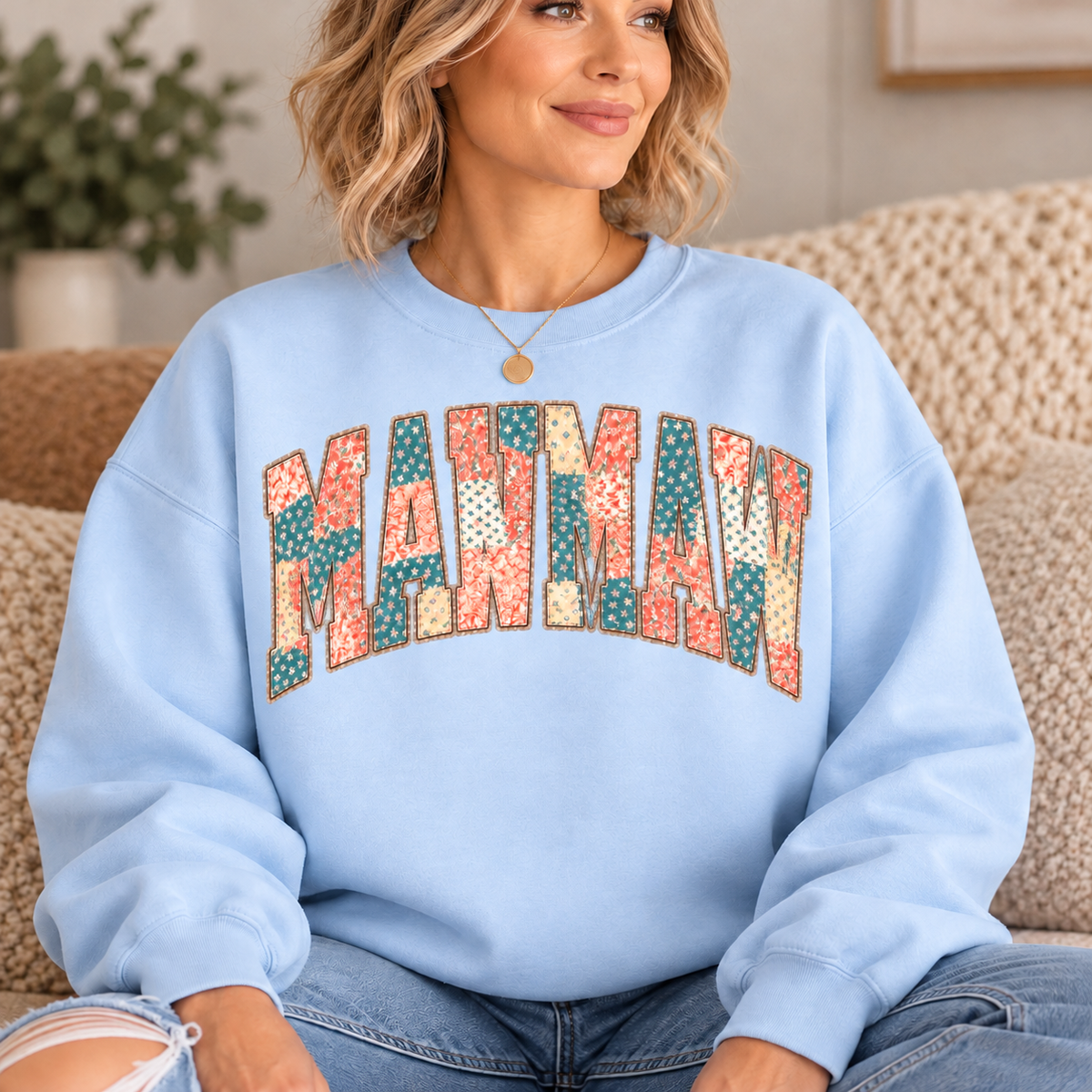 MAWMAW Light Blue Floral Patchwork Crewneck