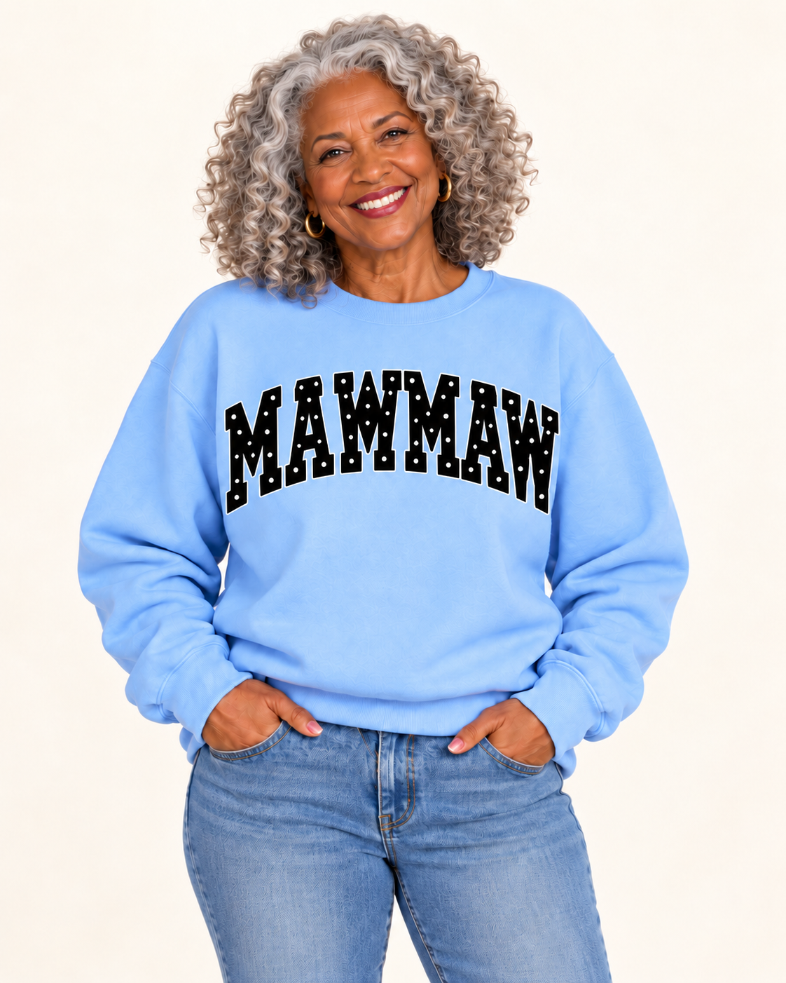 MAWMAW Light Blue Polka Dot Crewneck on older Black woman