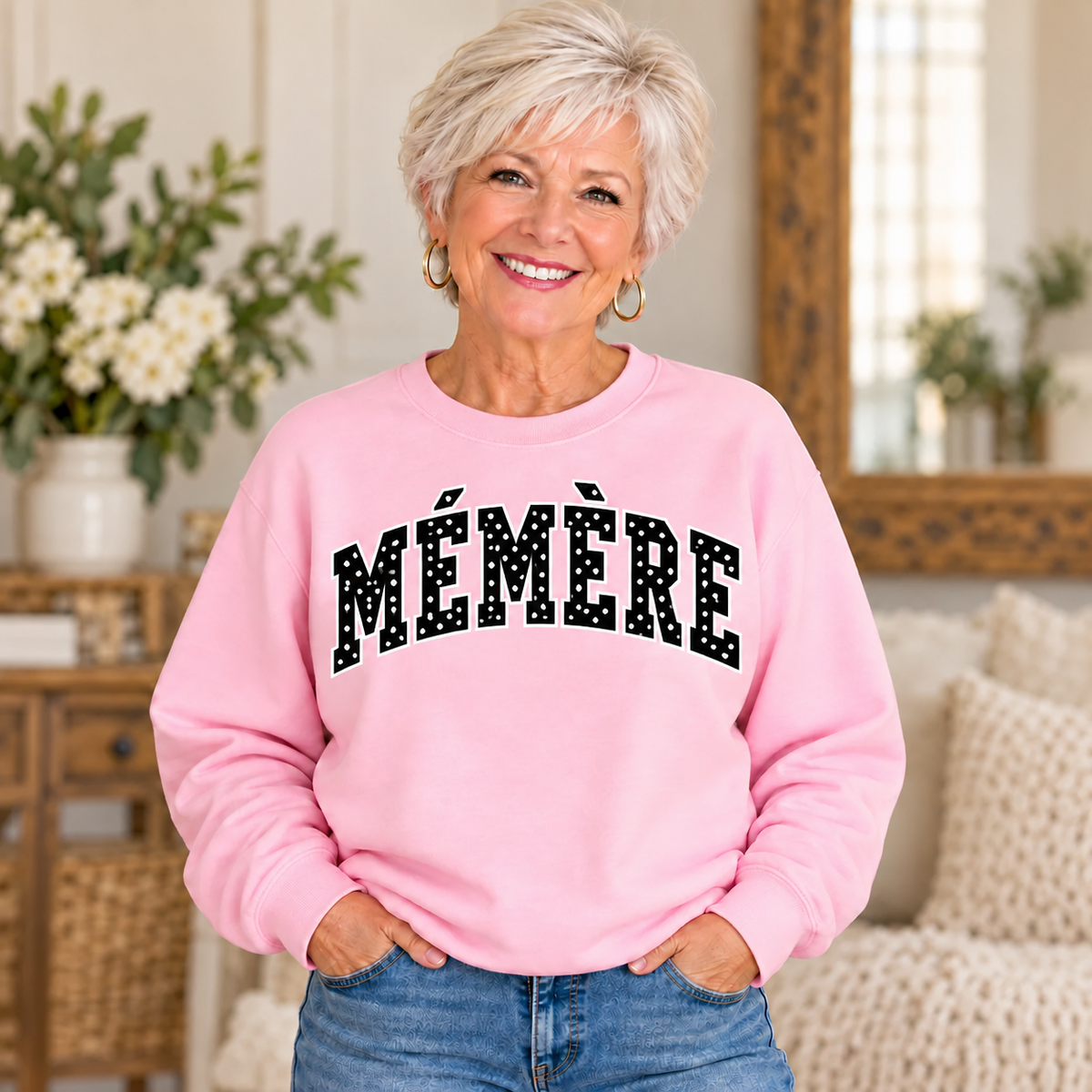 MÉMÈRE Pink Polka Dot Crewneck on older woman