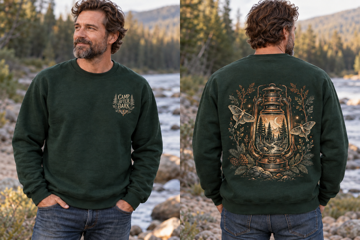 Camp After Dark: front saying, lantern illustration only on back
