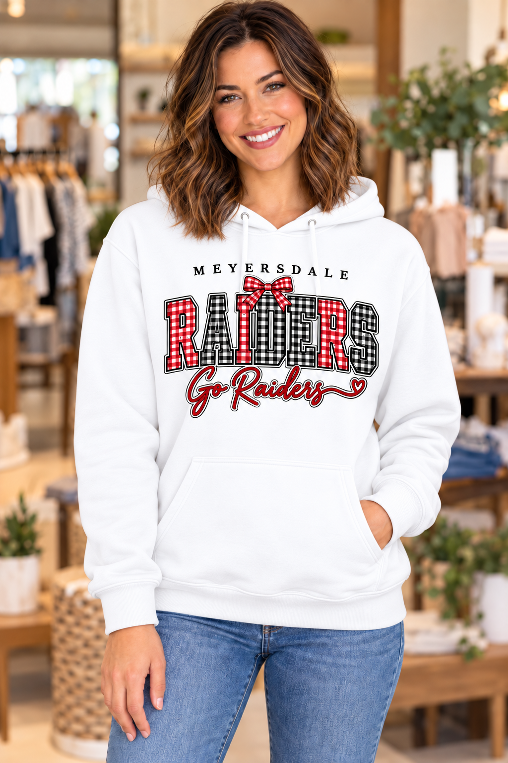 Meyersdale Raiders gingham bow white hoodie boutique mockup