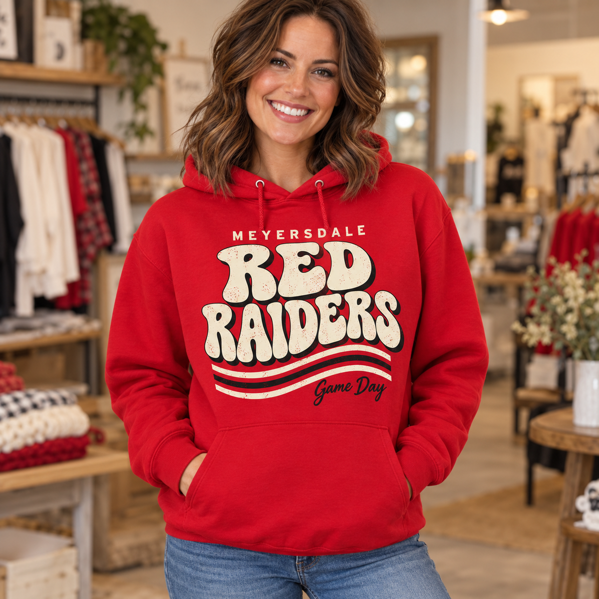 Meyersdale Red Raiders Retro Game Day Hoodie in Red on a woman model