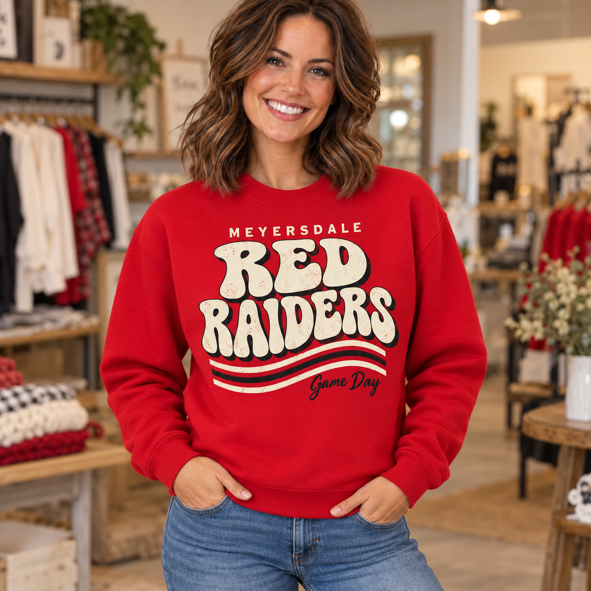 Meyersdale Red Raiders Retro Game Day red crewneck on a woman model
