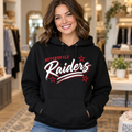 Meyersdale Raiders Script Star Hoodie in Black on a woman model