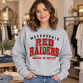 Meyersdale Red Raiders Vintage Varsity Crewneck in Sport Gray on a woman model
