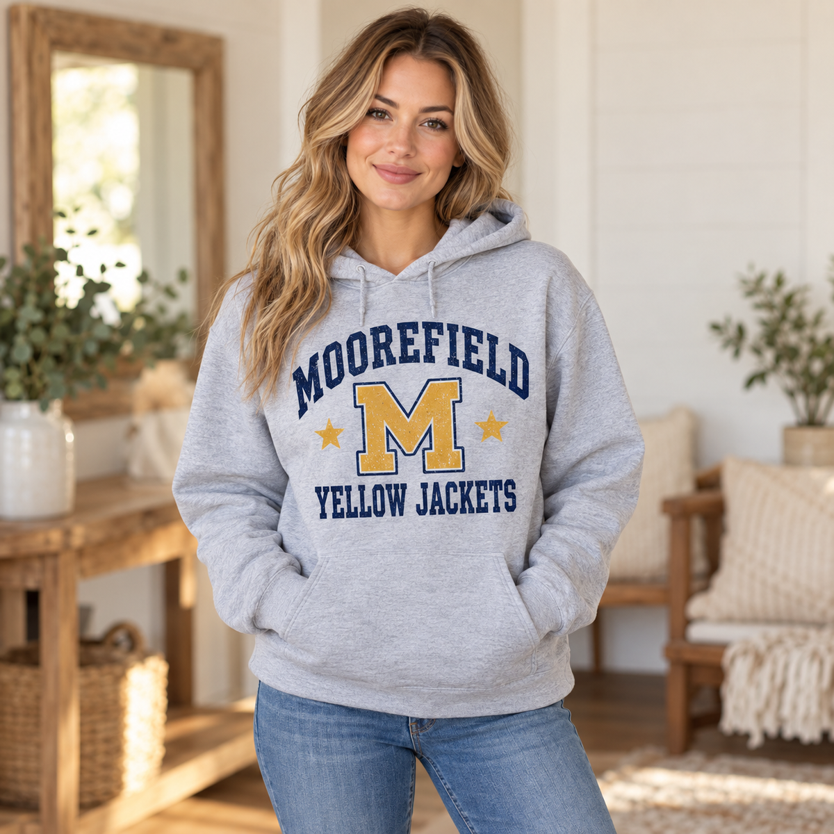 Moorefield Yellow Jackets Vintage Varsity Hoodie in Sport Gray on woman model