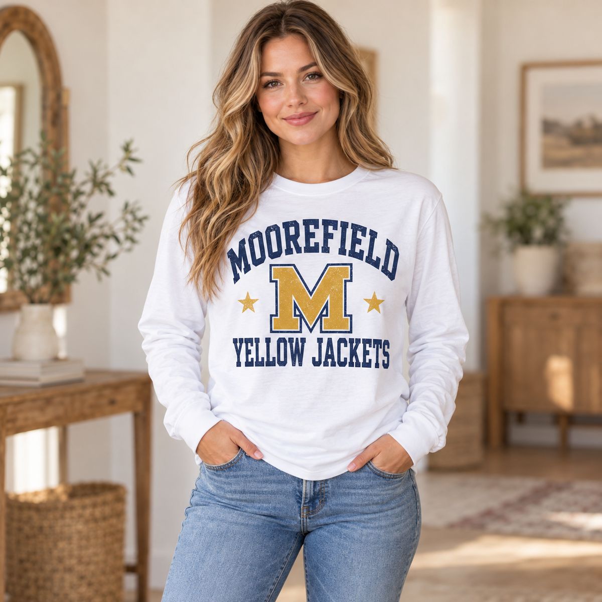 Moorefield Yellow Jackets Vintage Varsity Long Sleeve in White on woman model