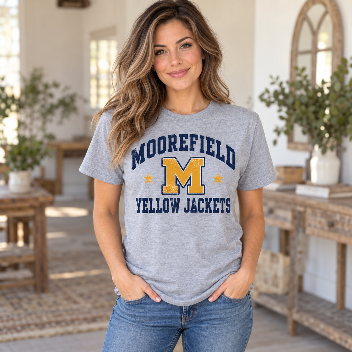 Moorefield Yellow Jackets Vintage Varsity T-Shirt in Sport Gray on woman model