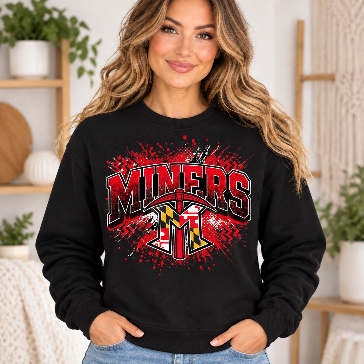 Woman modeling black Miners Maryland splatter crewneck