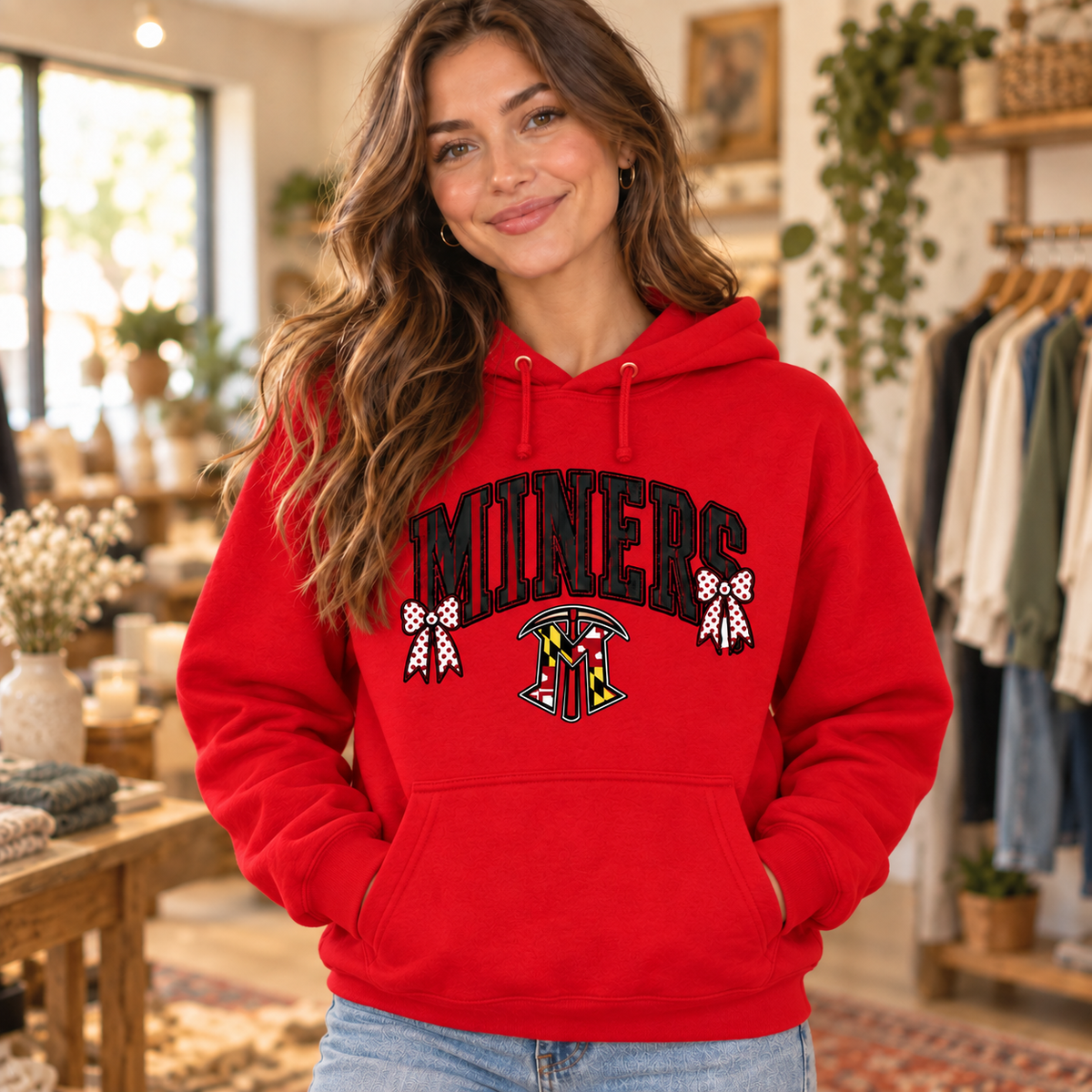 Miners Maryland Bow Red Hoodie boutique model mockup