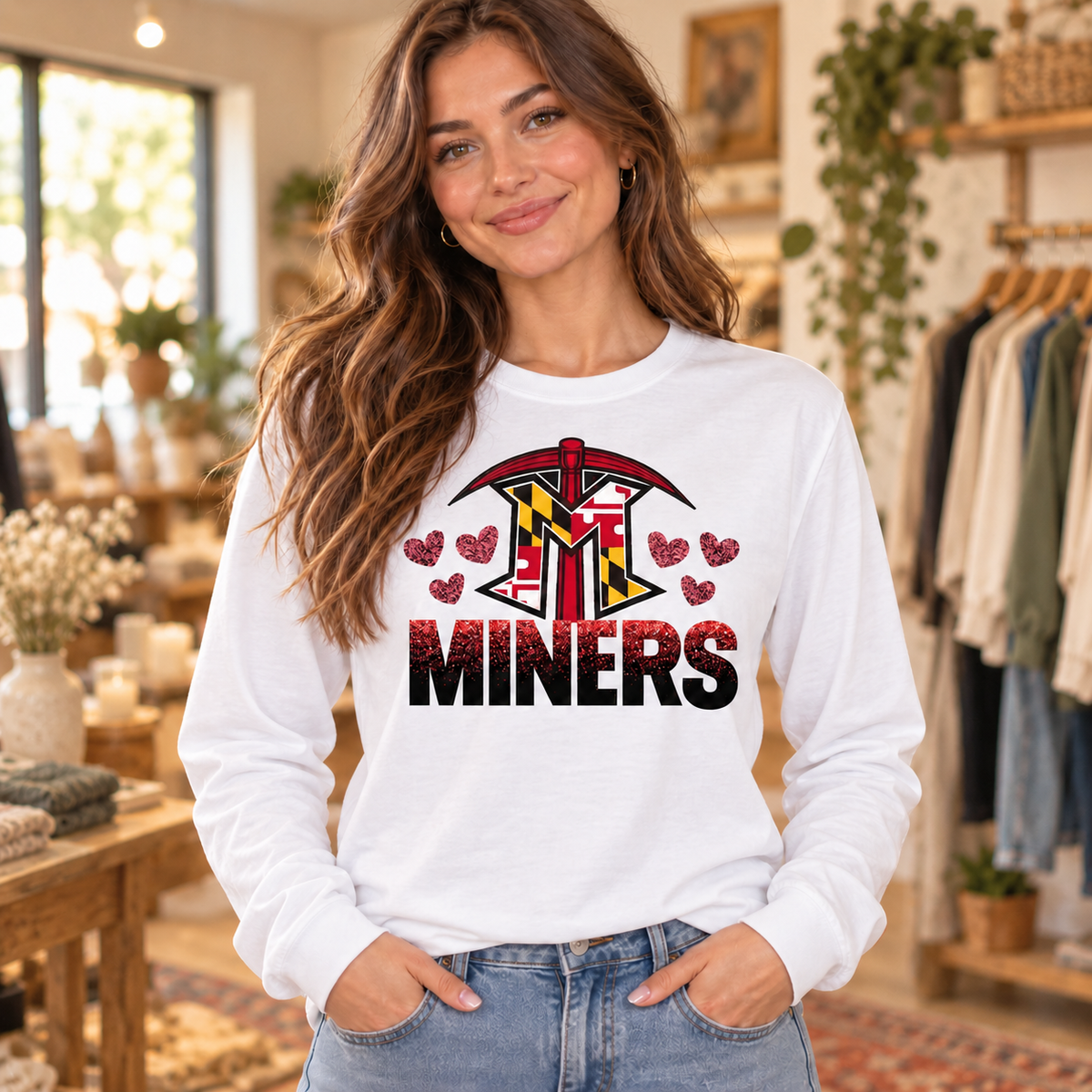 Miners Maryland Hearts White Long Sleeve T Shirt boutique model