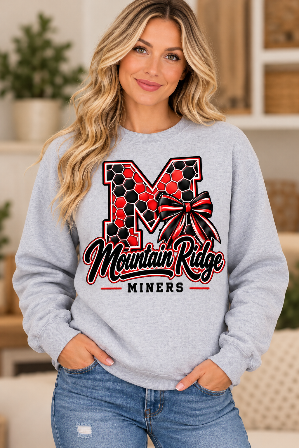 Mountain Ridge Miners Honeycomb Monogram Bow Sport Gray Crewneck female model mockup